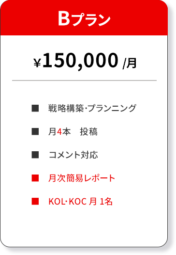 Bプラン■　戦略構築･プランニング■　月4本　投稿■　コメント対応■　月次簡易レポート■　KOL･KOC 月 1名
