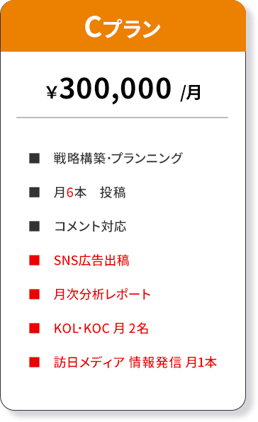 Cプラン■　戦略構築･プランニング■　月6本　投稿■　コメント対応■　SNS広告出稿■　月次分析レポート■　KOL･KOC 月 2名■　訪日メディア 情報発信 月1本
