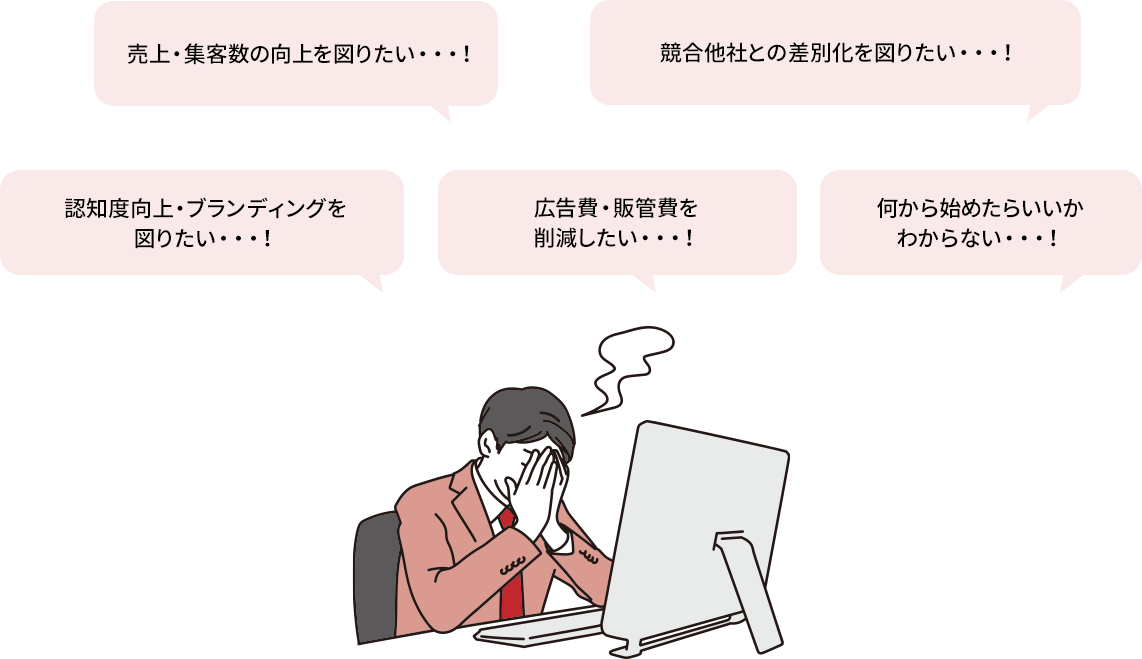 売上・集客数の向上を図りたい・・・！競合他社との差別化を図りたい・・・！③認知度向上・ブランディングを図りたい・・・！広告費・販管費を削減したい・・・！何から始めたらいいかわからない・・・！