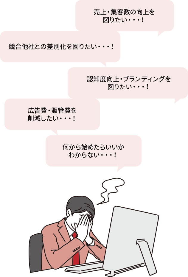 売上・集客数の向上を図りたい・・・！競合他社との差別化を図りたい・・・！③認知度向上・ブランディングを図りたい・・・！広告費・販管費を削減したい・・・！何から始めたらいいかわからない・・・！