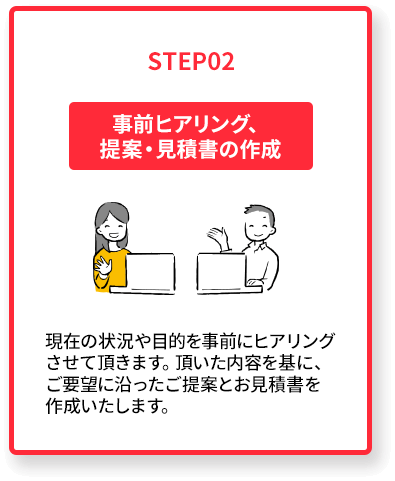STEP02. 事前ヒアリング、提案・見積書の作成 現在の状況や目的を事前にヒアリングさせて頂きます。頂いた内容を基に、ご要望に沿ったご提案とお見積書を作成いたします。