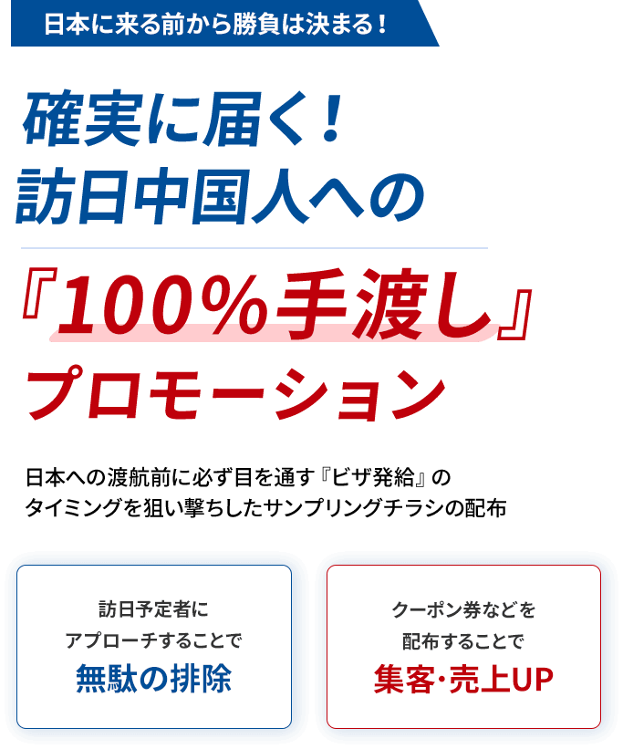訪日インバウンドにお悩みのあなた訪日中国人予定者に100%直接届く中国の方が日本に来る際に必ず取得するビザと一緒にサンプリングチラシの配布！ 訪日予定者にアプローチすることで無駄の排除
クーポン券などを配布することで集客･売上UP