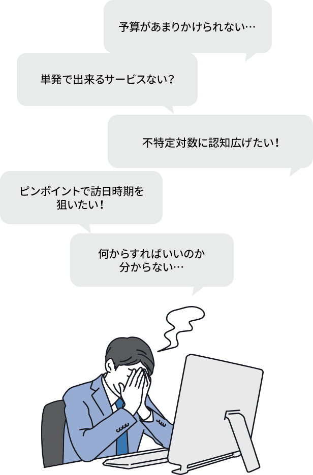 何からすればいいのか分からない… ピンポイントで訪日時期を狙いたい！ 不特定対数に認知広げたい！ 単発で出来るサービスない？ 予算があまりかけられない…